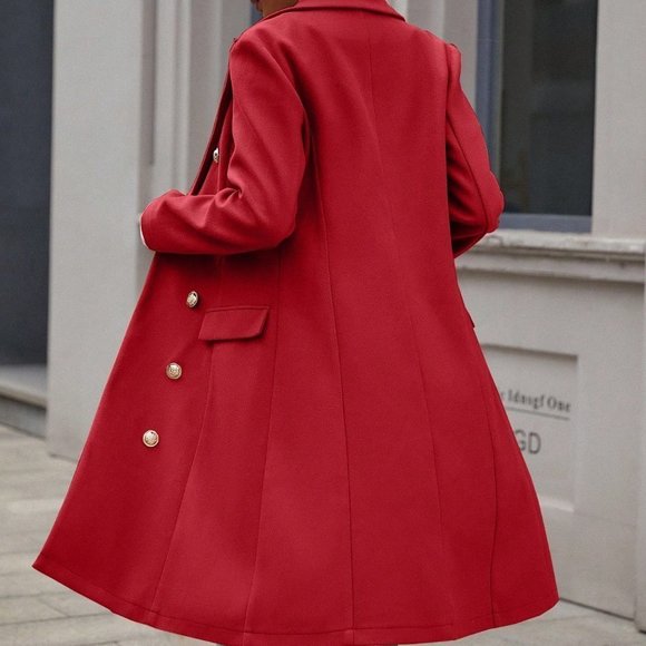 Red Casual Womens Lapel Neck Double Breasted Overcoat - Picture 3 of 5